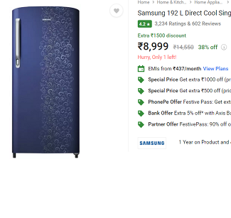 Samsung 192L Refrigerator Lowest Price
